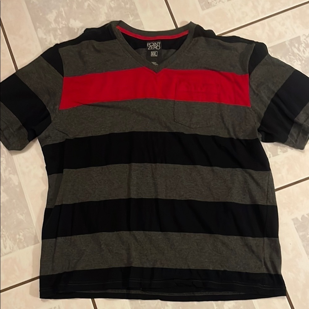 Point Zero Mens V-Neck Tee - Red, Black, Gray Stripes